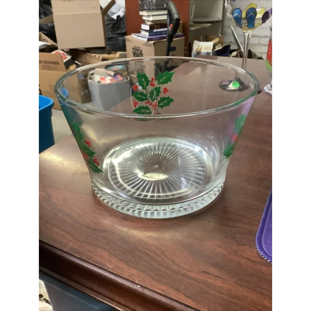 Vintage Indiana Glass Ice Bucket Christmas Holly Berries Serving Bowl 7”